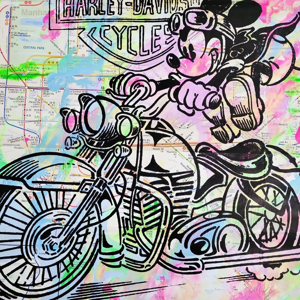 Handpainted Mickey Mouse Harley-Davidson Acrylic Art Painting on NYC Subway Map - Picture 6 of 9